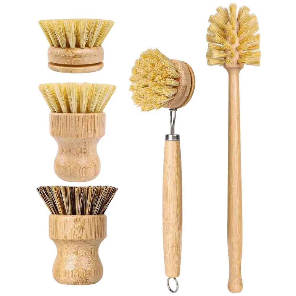 5 Packs Bamboo Dish Brush Set, Wooden Dish Brush with 14’’ Bottle Brush, Natural Kitchen Scrub Brush for Dishes Pots, Pans, Sinks, Woks, Vegetables