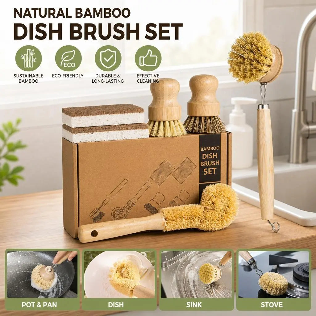 6-Piece Bamboo Kitchen Cleaner Set with Coconut Sponge - Comfortable Long Handles, Natural Wooden Brushes with Sisal-Palm Bristles, Short-Handle Multifunctional Biodegradable Plastic-Free Non-Scratch Kitchen Accessories for Dishes, Pots, Seniors, Bottle‑D