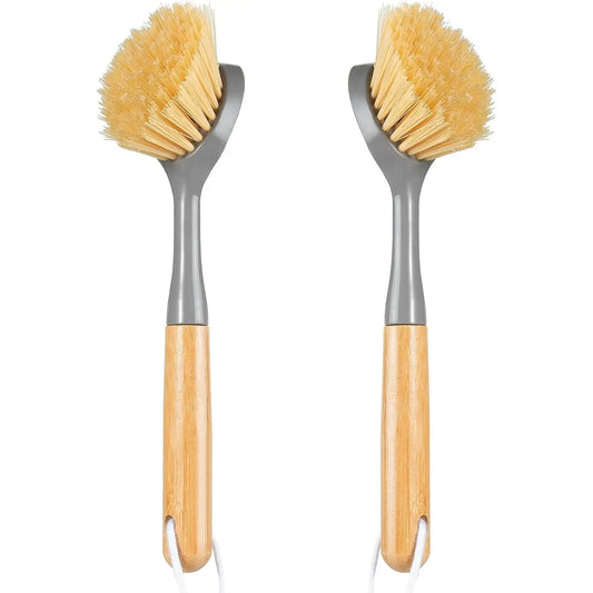 2 Pack Kitchen Dish Brushes with  Handle, Dish  -in Scraper, Scrub Brush for Pans, Pots, Counter & Kitchen Sink Cleaning, Dishwashing and Cleaning Brush Tools, White