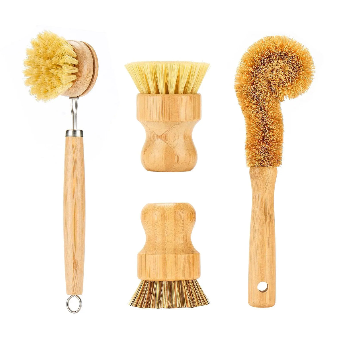Plastic-Free Bamboo Dish Brushes Set, 4-Piece Natural Bristle Brushes with Tight Bristle Hold - Steel-Reinforced, Non-Toxic Multifunctional Cleaning Kitchen Utensil, Hanging Hole, Ideal Gift for Friends