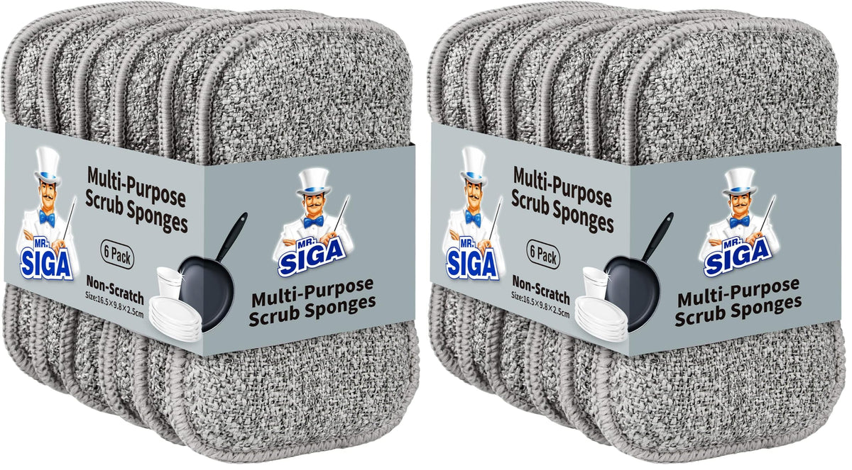 MR.SIGA Dual-Sided Scrub Sponges, Reusable Dishwashing Sponges, 6 Pack