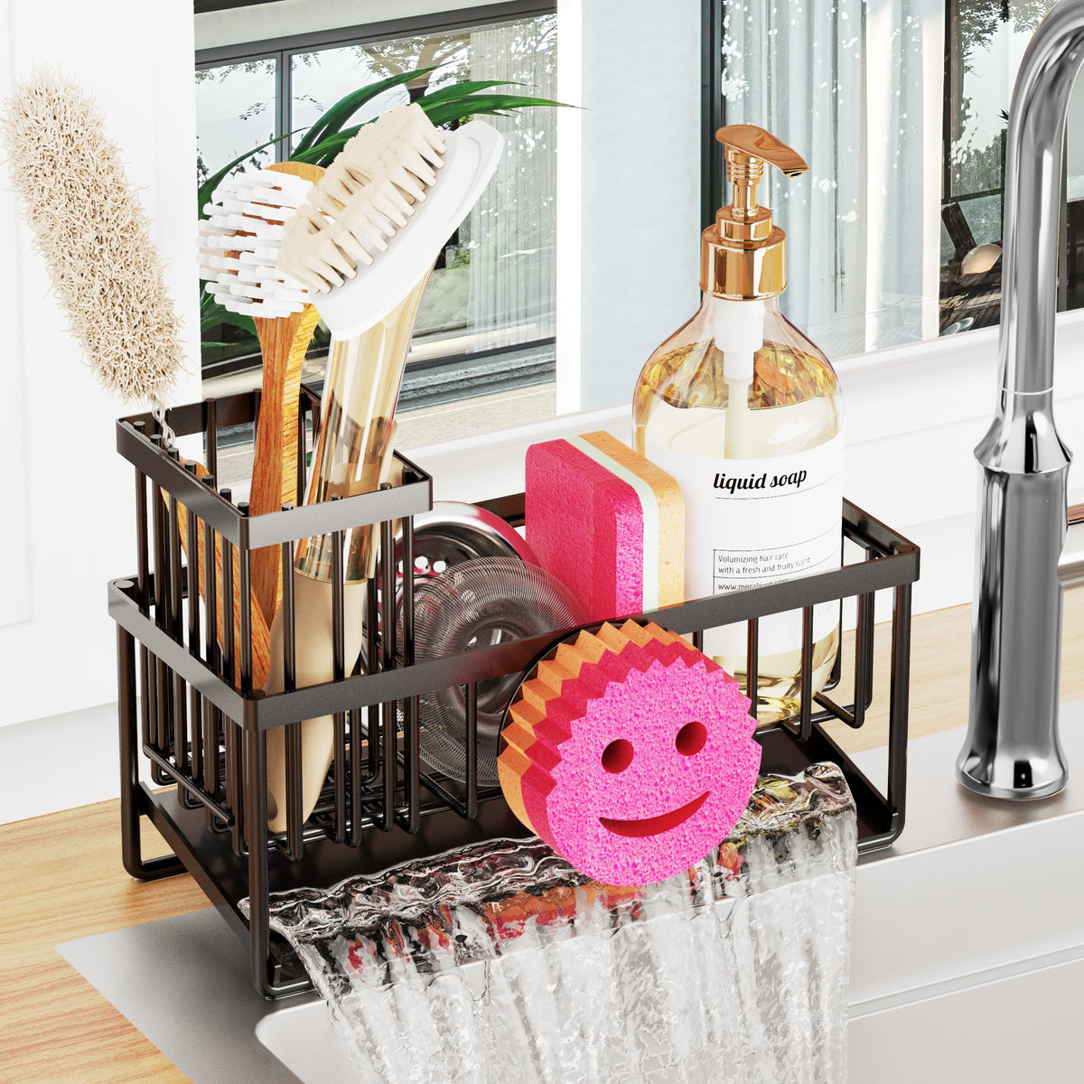 Sponge Holder for Kitchen Sink,Smiley Face Sink Caddy with Removable Brush Holder,Self-Draining Sponge Caddy for Sponge,Soap,Dish Brush,Scrubber,Kitchen Essentials and Gadgets