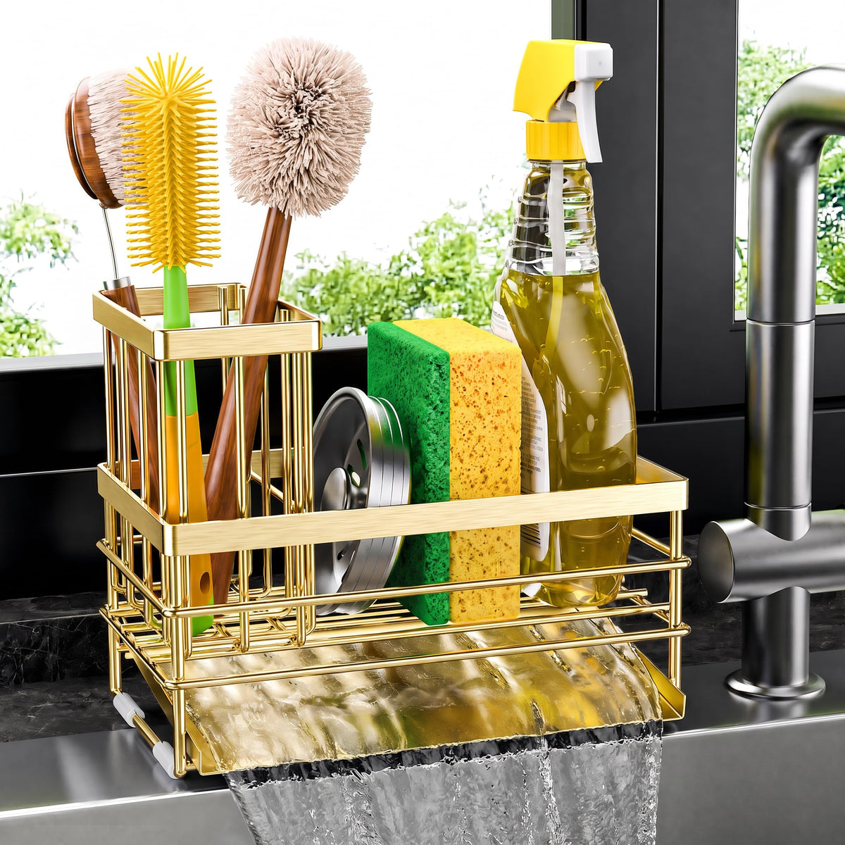 Cisily Sink Caddy Sponge Holder for Kitchen with Brush Holder and Stainless Steel Self Drain Tray, Rustproof Kitchen Sink Organizer for Sponge, Soap Dispenser Storage Accessories