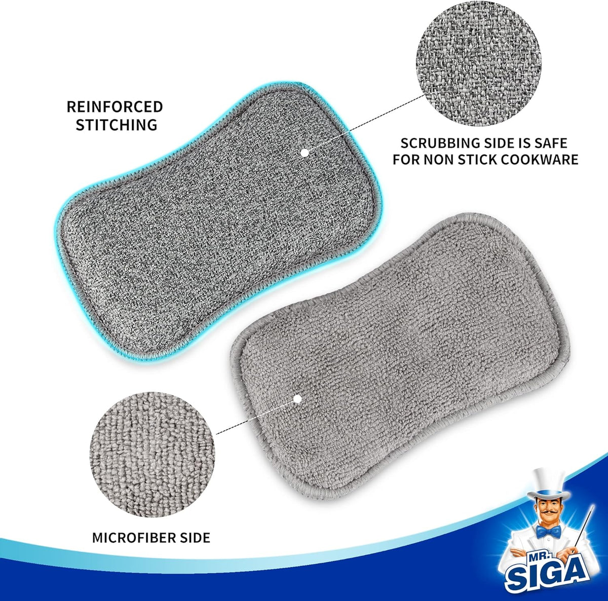 MR.SIGA Dual-Sided Scrub Sponges, Reusable Dishwashing Sponges, 6 Pack