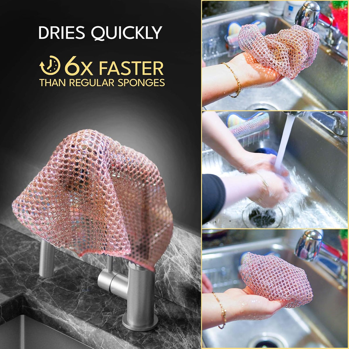 Non-Scratch Dish Scrubbers (6 Pcs) — Outlasts 7+ Sponges, Stays Odor-Free | Replace Smelly Kitchen Sponges | Non-Absorbent Mesh | Safe on Non-Stick, Cast Iron, Glass | Made in Korea Since 2012