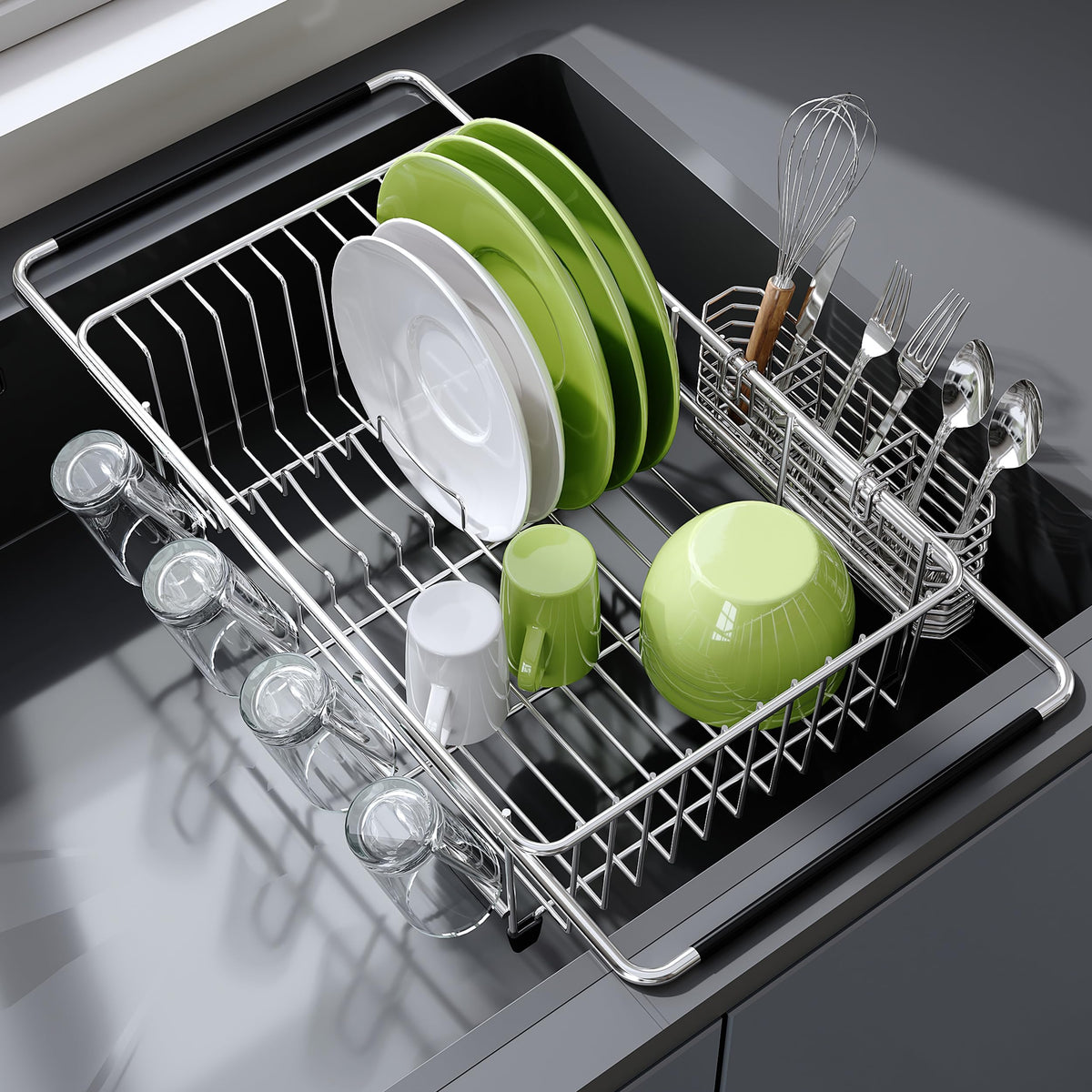 JASIWAY Dish Drying Rack in Sink, Dish Drainer with Cup and Utensil Holder