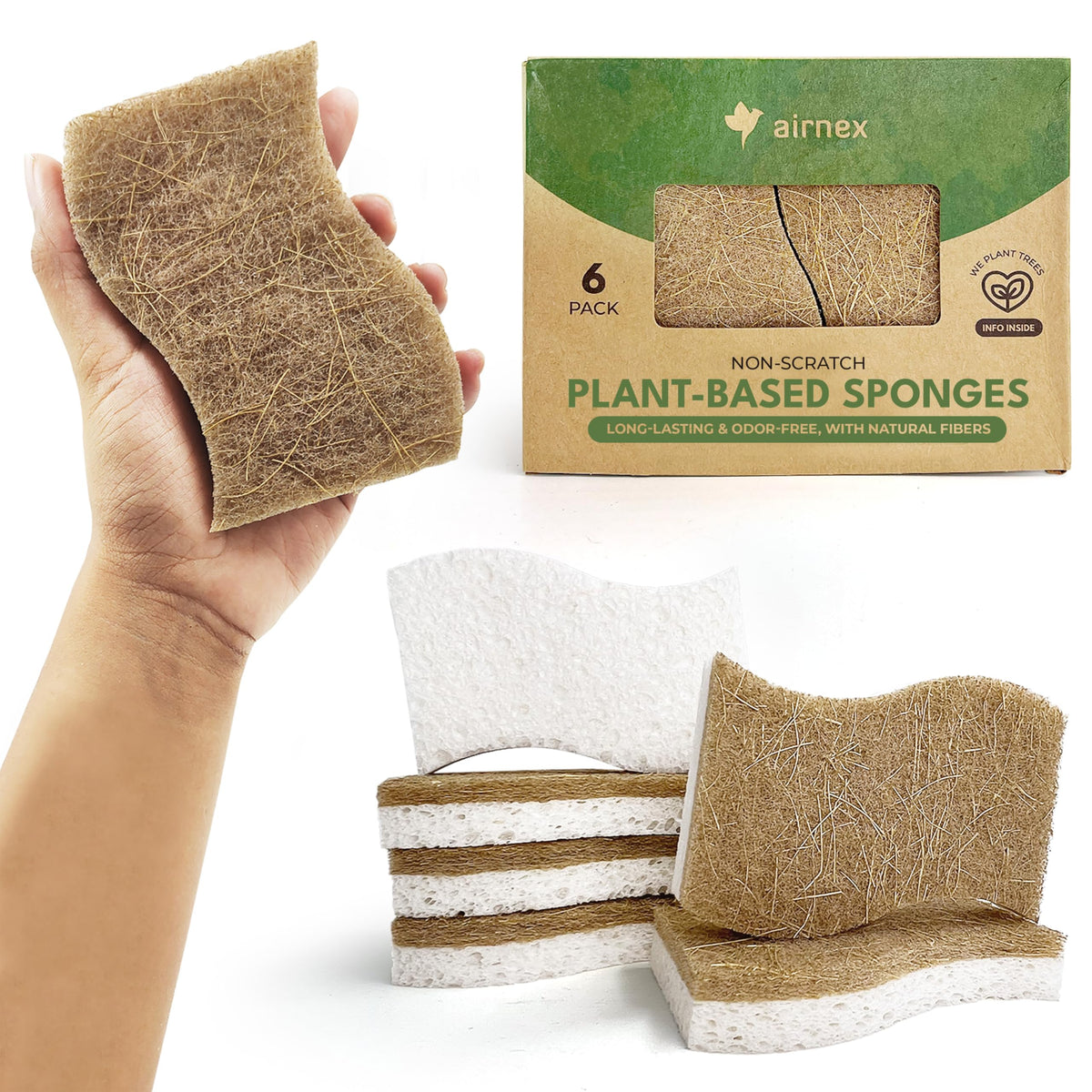 AIRNEX Natural Kitchen Sponges (12 Pack) - Biodegradable Cellulose & Coconut Scrubber Dish Sponges for Kitchen - Eco-Friendly, Non Scratch, Compostable, Non Toxic S-Shaped Natural Sponges for Dishes