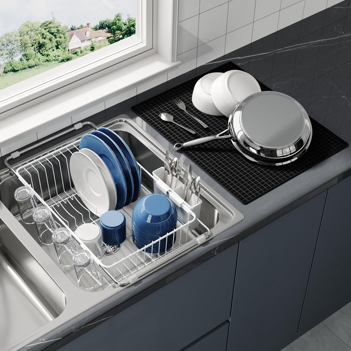 JASIWAY Dish Drying Rack in Sink, Dish Drainer with Cup and Utensil Holder