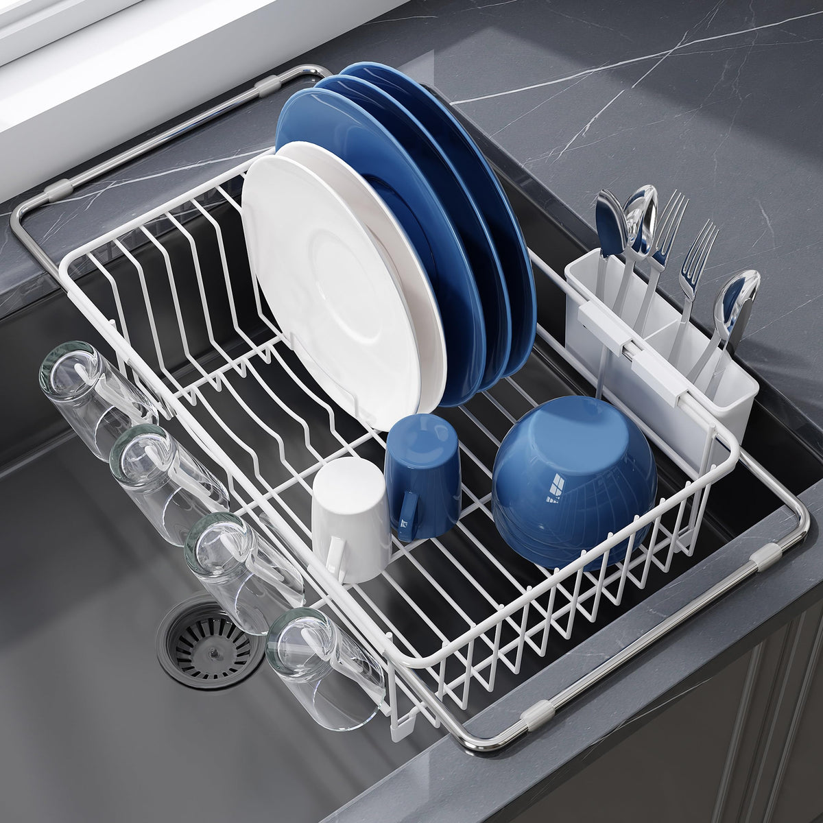 JASIWAY Dish Drying Rack in Sink, Dish Drainer with Cup and Utensil Holder