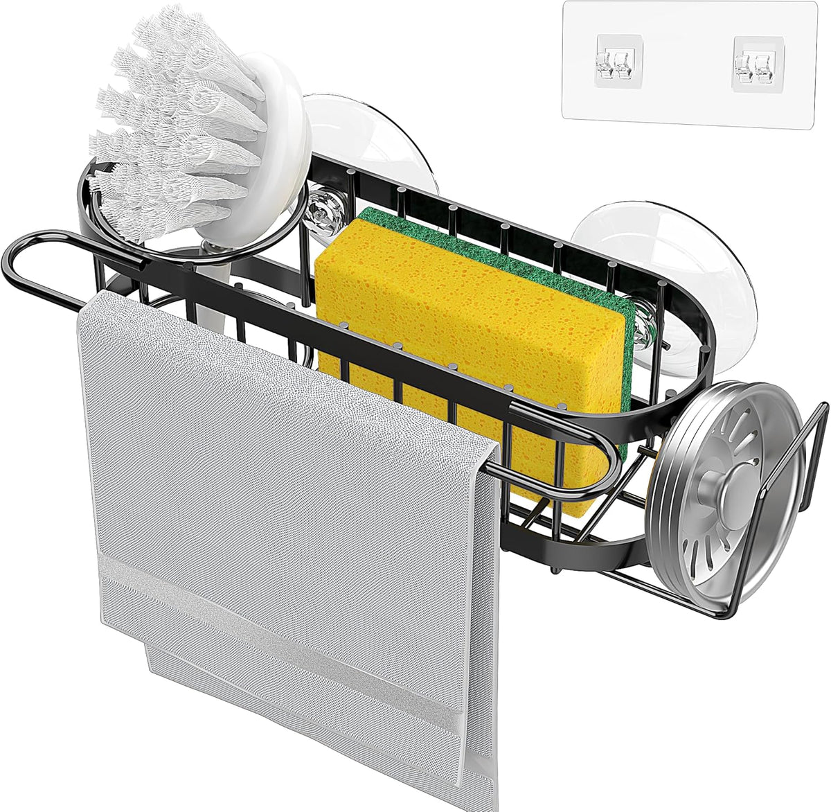 Cisily Kitchen Sponge Holder for Kitchen Sink with 2 Suction Cups/1 Adhesive Strips, Stainless Steel Kitchen Caddy Sink Organizer, Brush Holder, Dish Cloth Hanger, Sink Stopper Holder (Black)