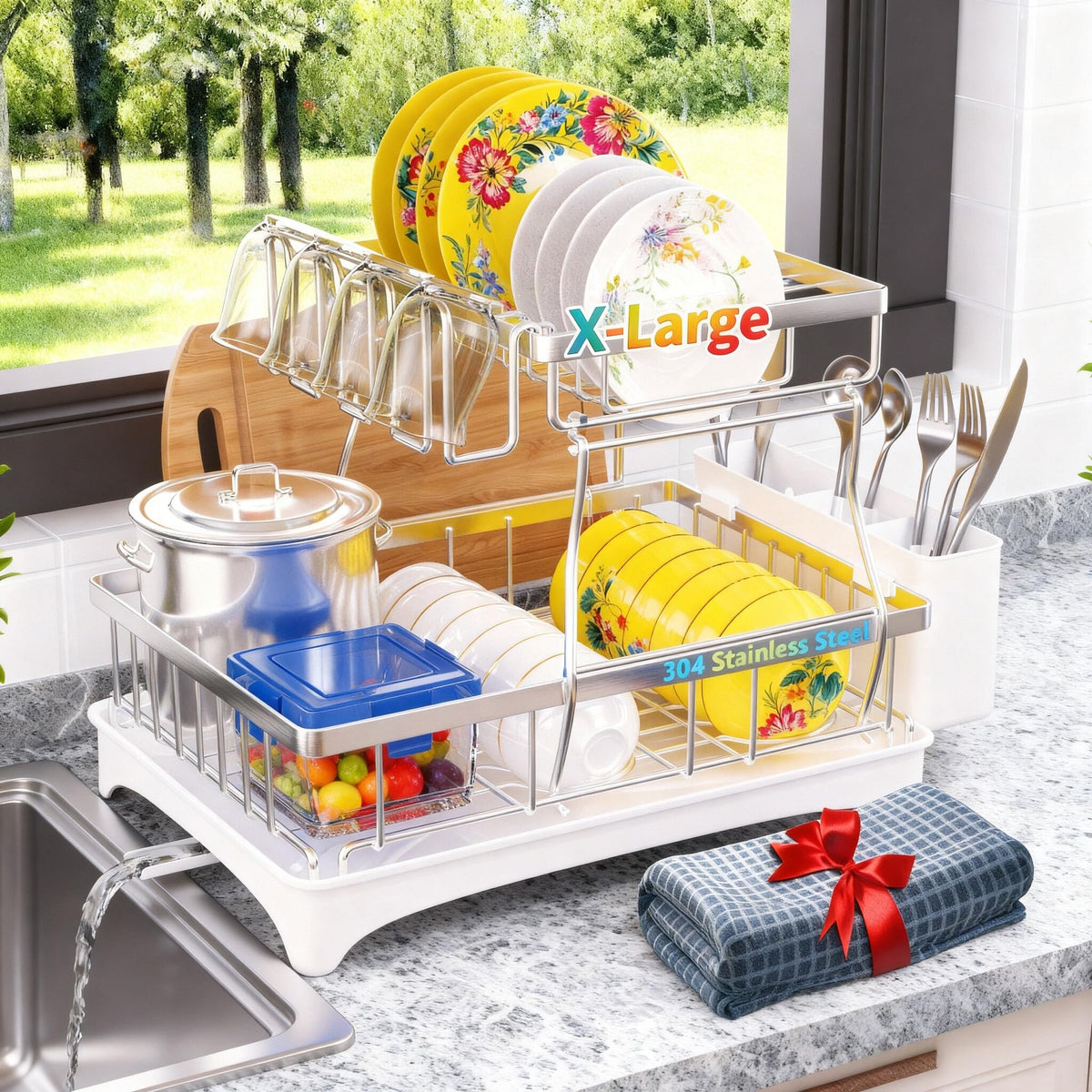 Godboat 2-Tier Dish Drying Rack - Dish Rack with Auto Drain-to-Sink & Mat