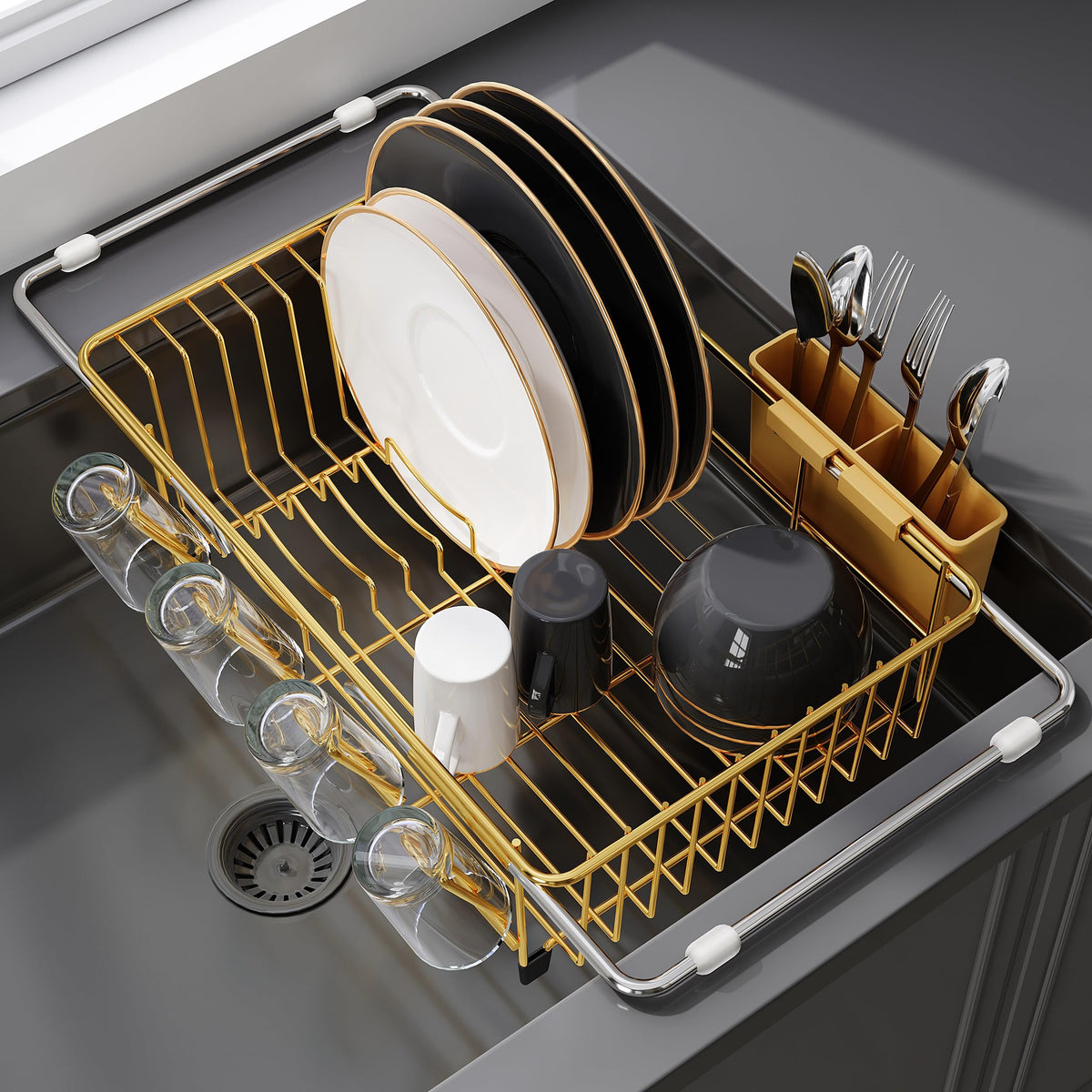 JASIWAY Dish Drying Rack in Sink, Dish Drainer with Cup and Utensil Holder