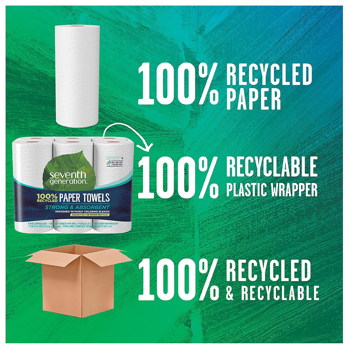 Seventh Generation 100% Recycled Paper Towels, 2 Ply, 140 Sheets, 6 Rolls