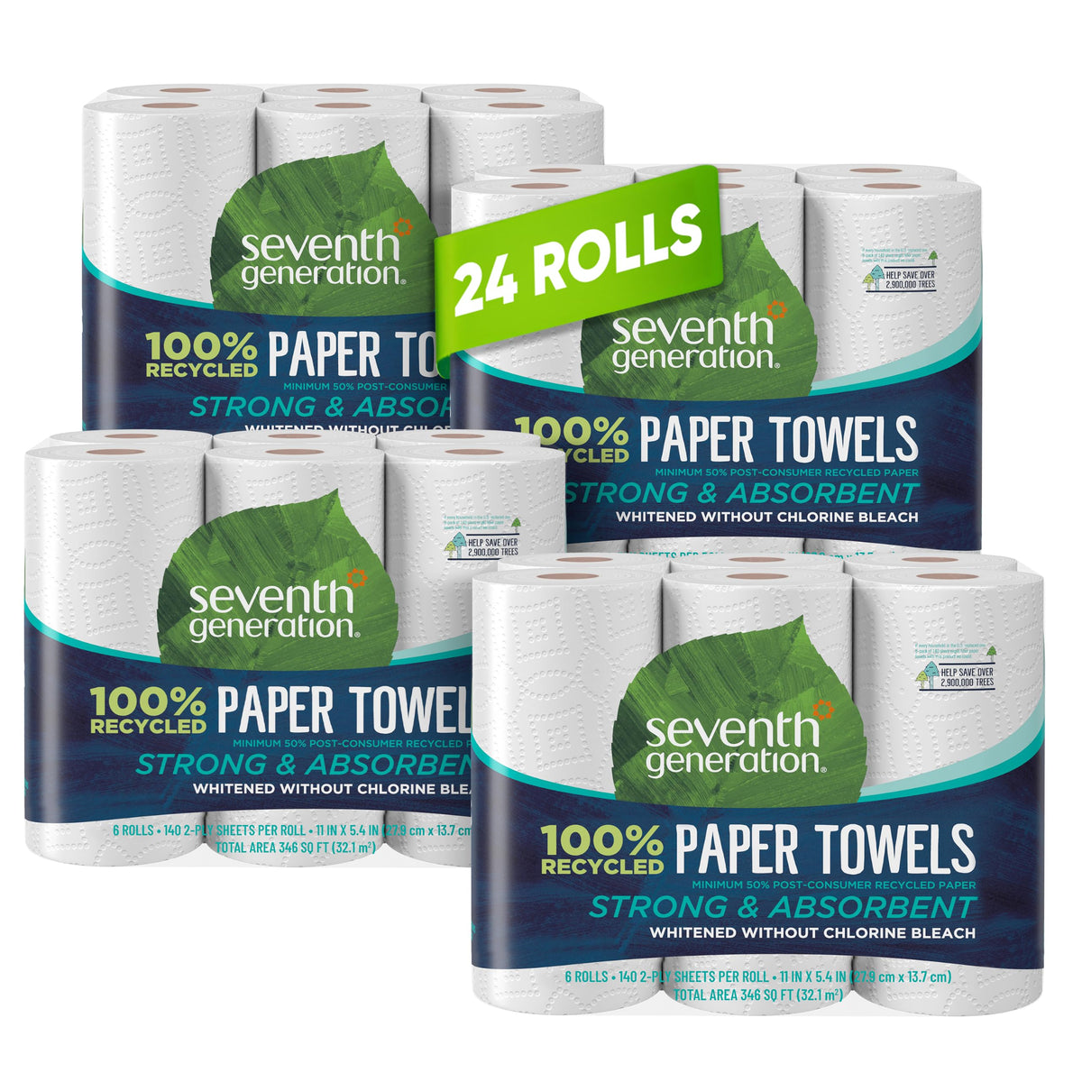 Seventh Generation 100% Recycled Paper Towels, 2 Regular Rolls, 140 2-Ply Sheets (White) Strong & Absorbent Paper towels for Kitchen, Bathroom & Everyday Cleaning, Whitened Without Chlorine Bleach