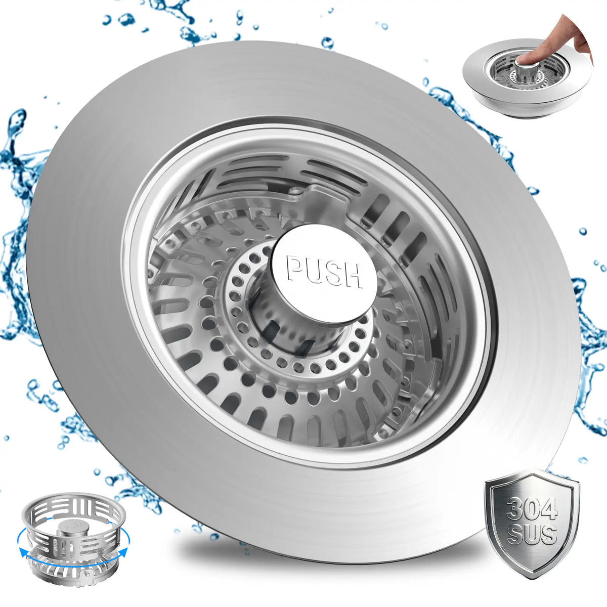 Hibbent Upgraded 3 in 1 Kitchen Sink Drain Strainer, Stainless Steel Pop Up Sink Stopper, Larger Anti-Clogging Basket, 3-Layer Seal, Detachable Drain Plug for US Standard 3-1/2" Drain, Brushed Nickel
