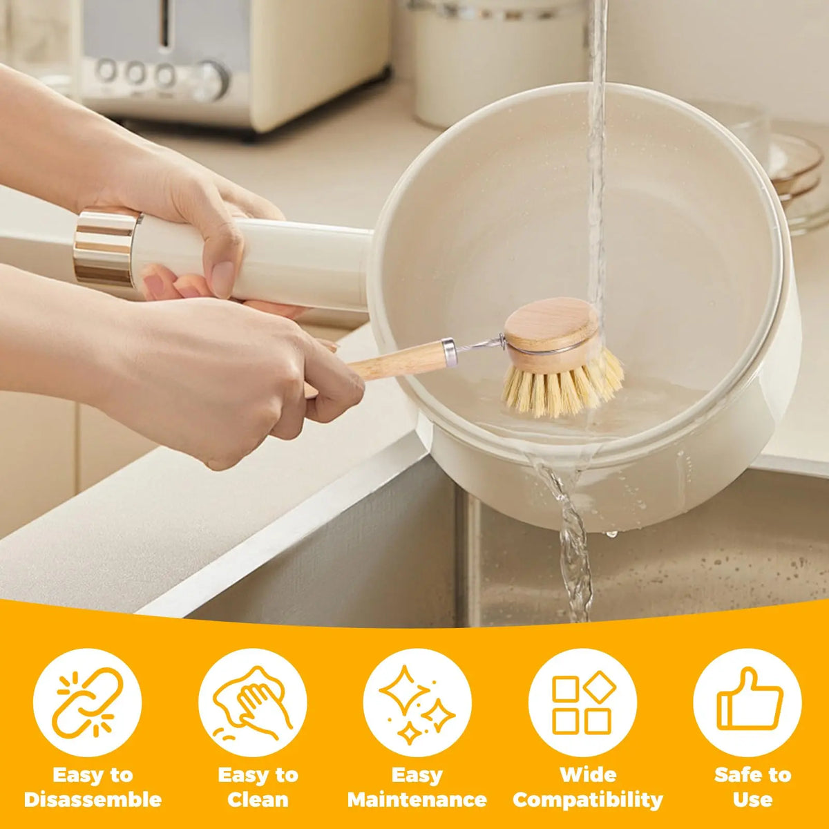 6PCS Bamboo Dish Brush Set Practical Dish Cleaning Brush Set Multifunctional Dish Washing Brush Set Ergonomic Kitchen Brush Set for Kitchen Cleaning Pots Pans Dishes