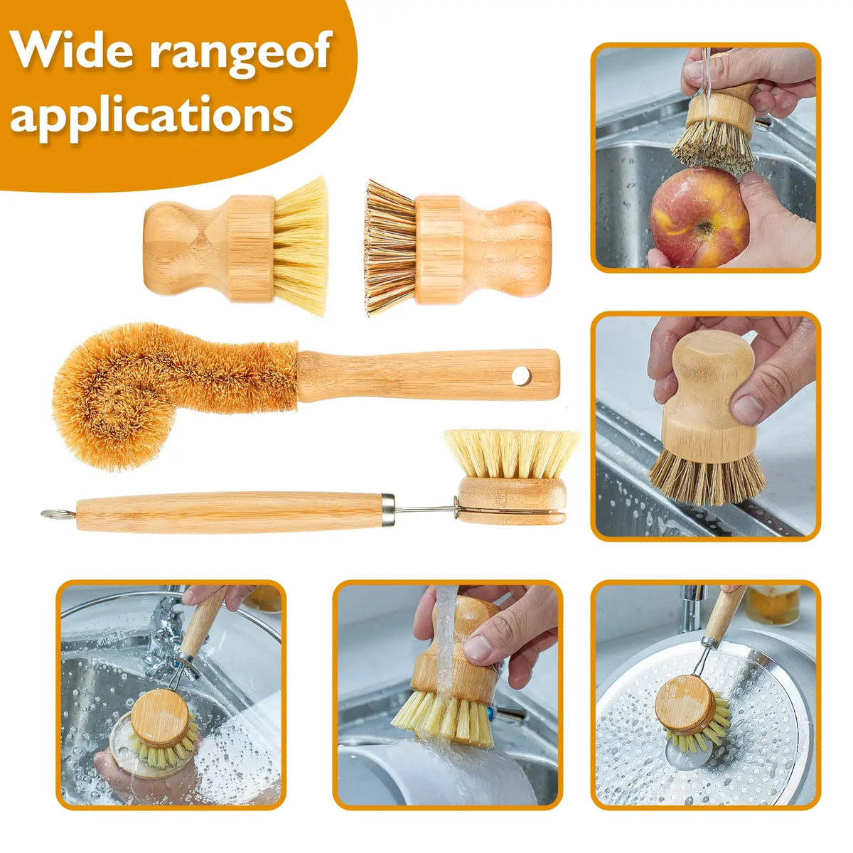 Plastic-Free Bamboo Dish Brushes Set, 4-Piece Natural Bristle Brushes with Tight Bristle Hold - Steel-Reinforced, Non-Toxic Multifunctional Cleaning Kitchen Utensil, Hanging Hole, Ideal Gift for Friends