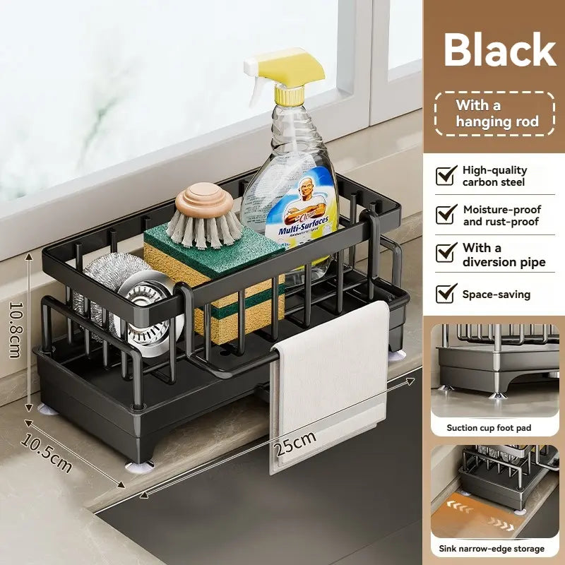 Kitchen Sink Supplies Organizer Essential, Household Dish Cloth Drain Rack Faucet and Sink Caddy, Washing Basin Side Organizer, No Installation Ready to Use, One Rack Stores Cloths, Brushes, Dish Soap and All Cleaning Tools