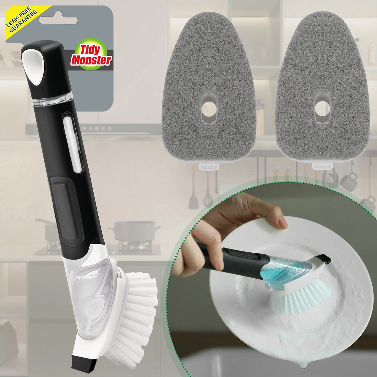 Dish Scrub Brush with Soap Dispenser, Leak-Resistant, Safe for Nonstick Pans, Reusable Kitchen Cleaning Brush