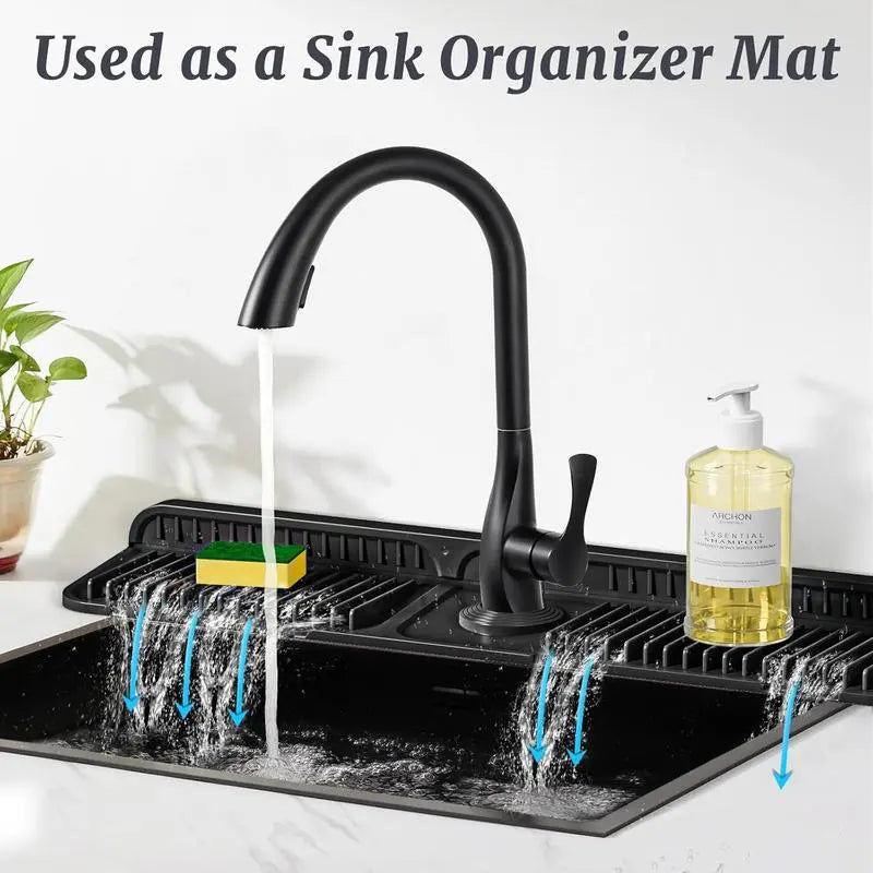 24 Inch Extra Long Silicone Faucet Mat for Kitchen Sink, 7° Slope Self-Draining Splash Guard, Water Catcher Draining Pad for Counter Protection, Keep Kitchen Sink Area Clean and Dry summerwins, Rectangle, Adaptive Adjustable Center Hole