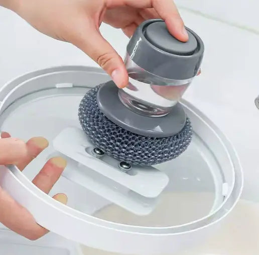 Household Press-to-Dispense Dish Scrubber - Refillable Soap Dispenser Cleaning Brush with Replaceable PET Scrub Balls for Kitchen Cleanup, Pots, Pans