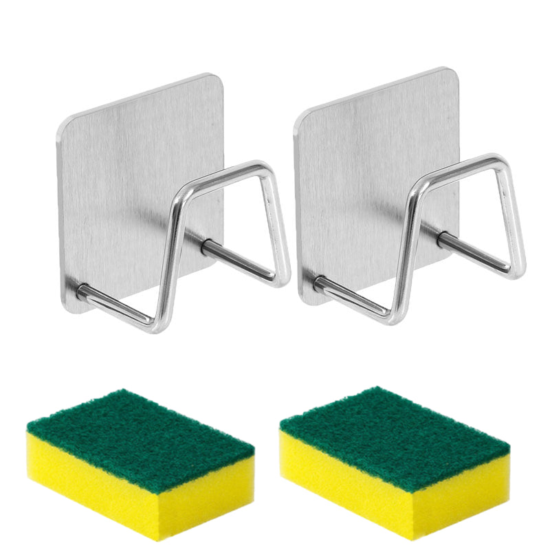 4pcs Set (2 Stainless Steel Kitchen Sink Sponge Holders + 2 Cleaning Sponges), No Drilling Required, Wall-mounted Design with Dual Hooks, Ideal for Sponges and Small Tools, Keeps Surfaces Clean, for Dish-washing Sponges