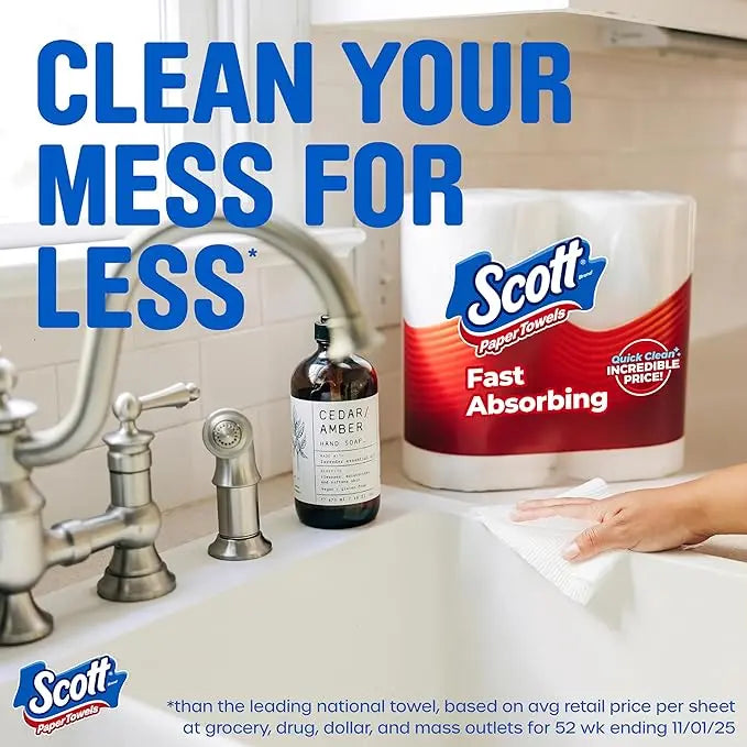 Scott Brand 16 Rolls Family Double Task Size Sheet Paper Towels Fast Absorbing Quick Clean Incredible Price
