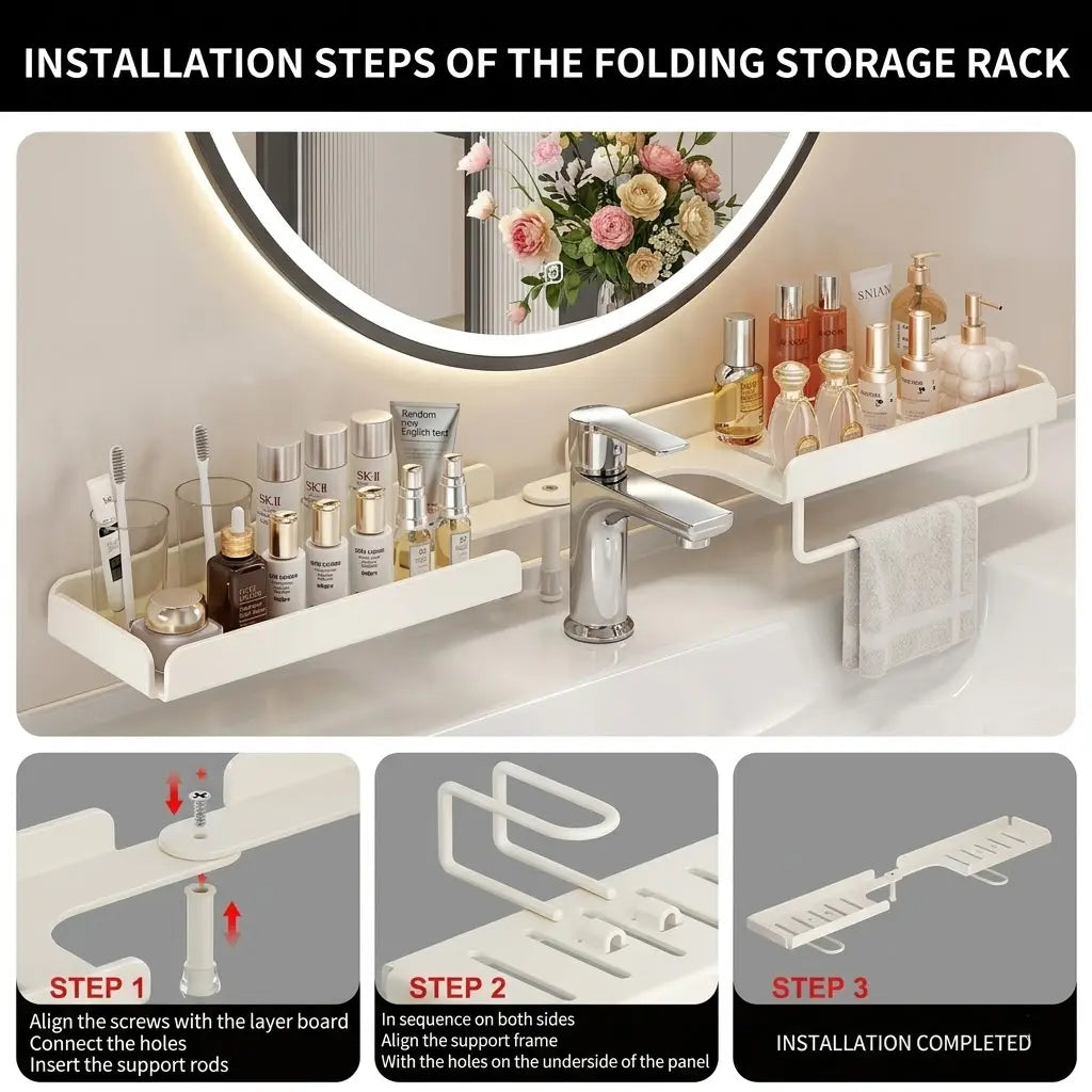 Carbon Steel Foldable Shelf Organizer - Durable No-Drilling Over-Faucet Caddy for Small Homes, Adjustable Legs, Collapsible Sink Storage Rack, Easy-Drain, Wipe-Clean with Damp Cloth, Homeowners,dorm room inspo,college dorm essentials,dorm haul