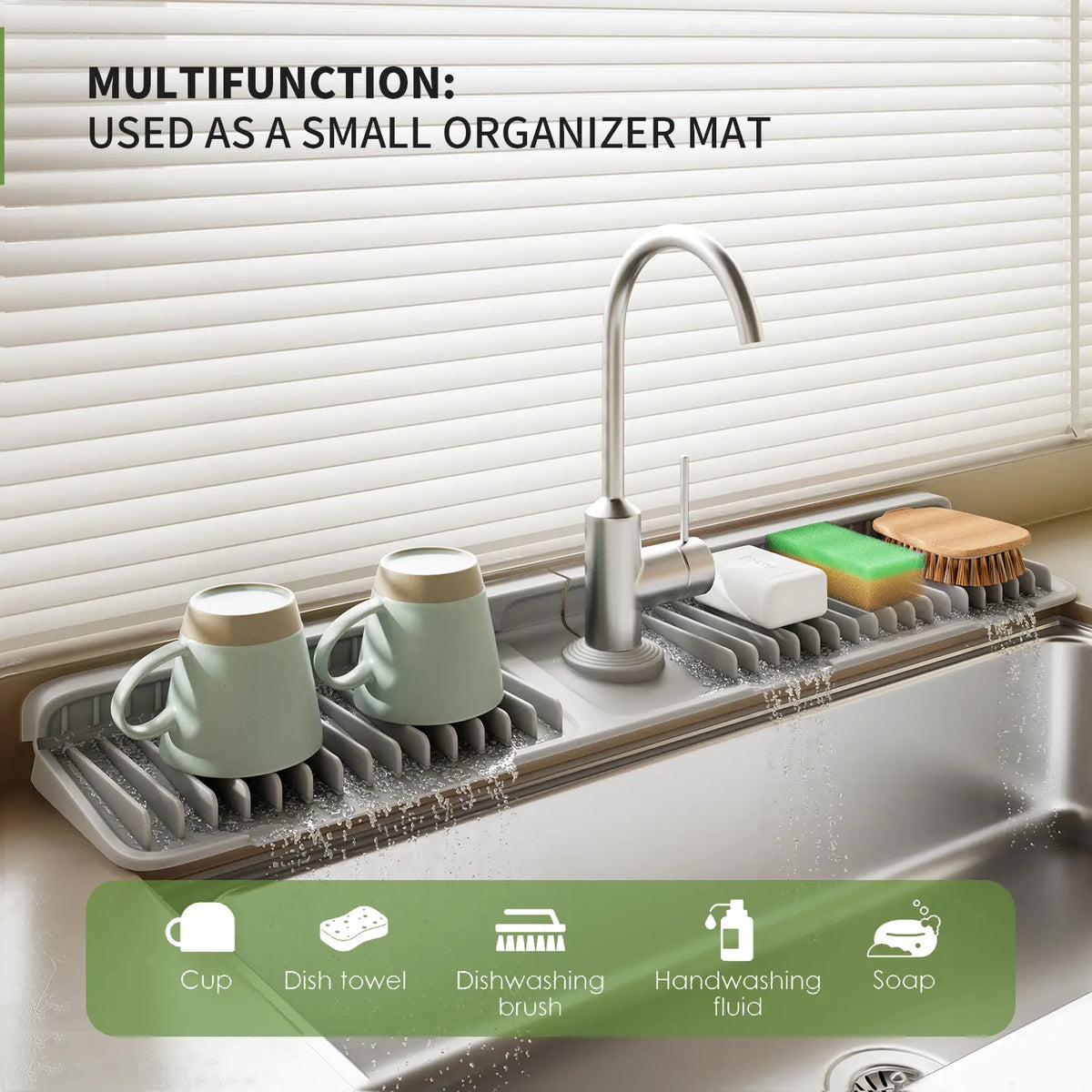 Food-Grade Silicone Kitchen Sink Faucet Drying Mat - 24" Water Splash-Proof Guard, Stable 7° Slope Self-Draining, Quickdry Fins, Adjustable Durable Easy-Clean Leak-Proof Kitchen Accessory, Soap Stays Dry, Less Splash Mess, Fits 1.6-2.7" Faucets, Faster Si
