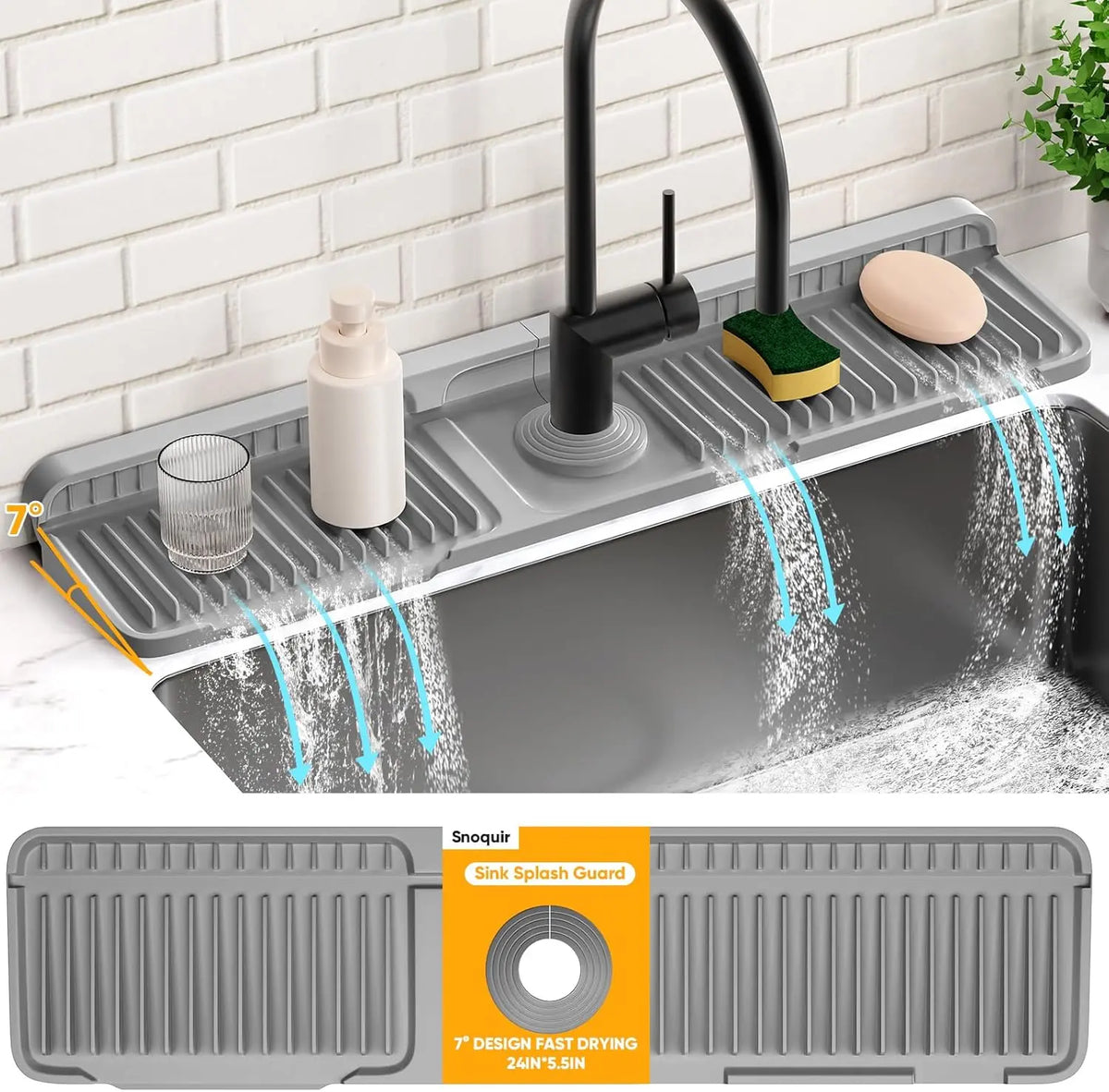 【SohoChic】24-Inch Silicone Kitchen Sink Faucet Mat - Splatter Guard, Water Splash Guard, Longer Draining Sink Protector for Faucet Area, Grey