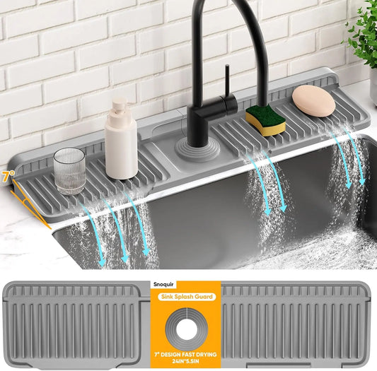 【SohoChic】24-Inch Silicone Kitchen Sink Faucet Mat - Splatter Guard, Water Splash Guard, Longer Draining Sink Protector for Faucet Area, Grey