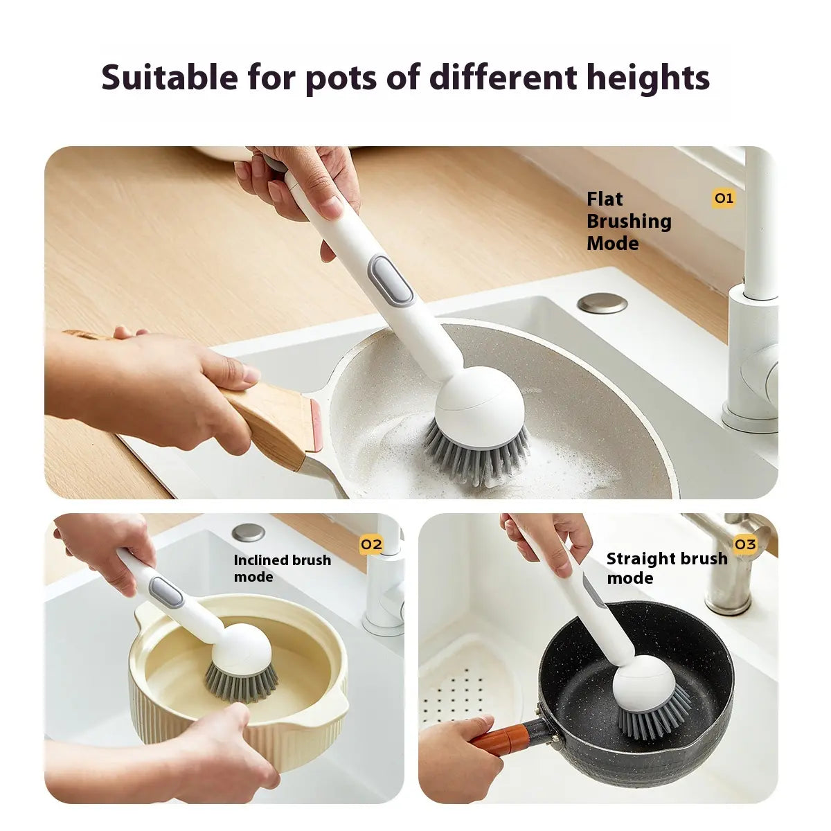 6-in-1 ABS Dish Brush with Leak-proof Soap Dispenser, Adjustable Angle, Rotatable Scrub Function, Wall Mount - Includes Scouring Pad, Soft Bristles Lift Stubborn Stains, Rinse & Drain Clean for Sink, Pots