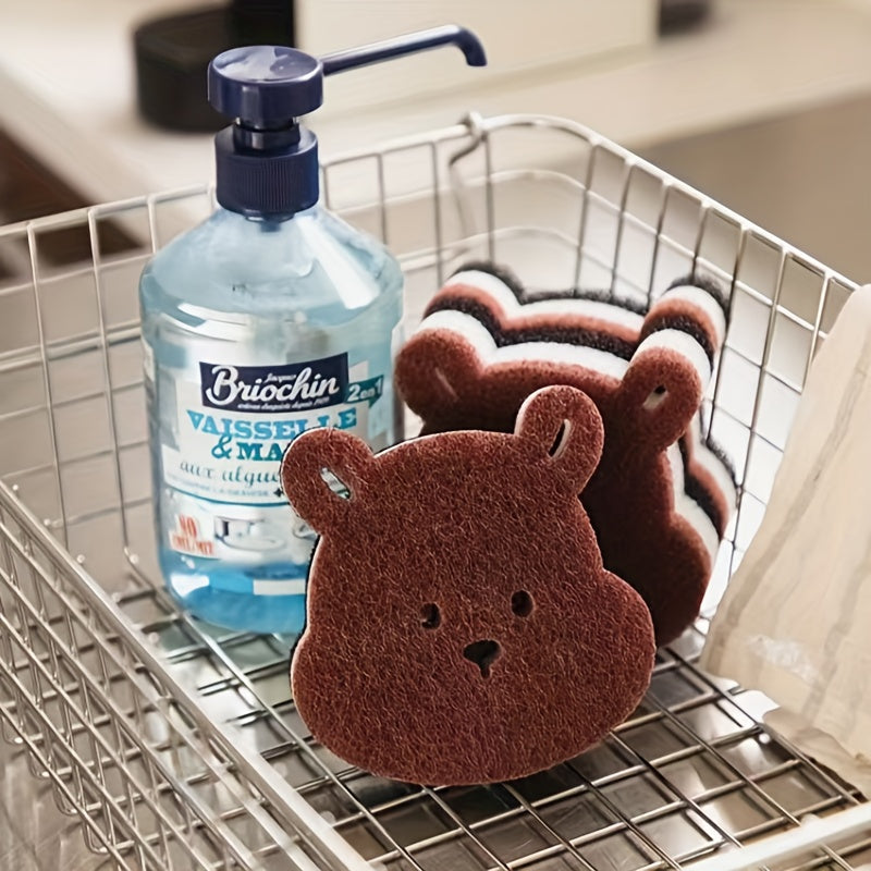 2/4pcs Cute Bear Dishwashing Sponges, Thickened Pot Scrubbers, Stain-Removing Kitchen Scouring Pads, Dishwashing and Pot Cleaning Magic Tools