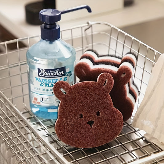 2/4pcs Cute Bear Dishwashing Sponges, Thickened Pot Scrubbers, Stain-Removing Kitchen Scouring Pads, Dishwashing and Pot Cleaning Magic Tools