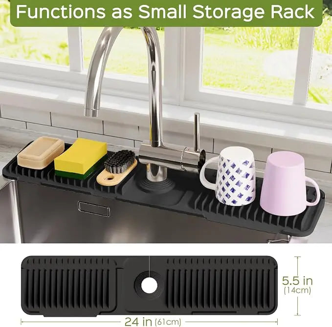Black Silicone Splash Guard Faucet Mat - 24-Inch Longer Design, 5° Slope for Fast Water Draining, Self-Draining Mat for Kitchen Sink & Bathroom (Home Care Splash Guard Accessory),sohochic