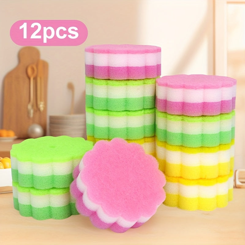 6/12/20pcs Colorful Three-Layer Sunflower Cleaning Sponges, Dish Cloths, Thick Scouring Pads, Cleaning Brushes, Cleaning Tools, Super Absorbent Dish And Pot Brushes, Easy to Clean, Oil-Resistant, Quick Stain Removal, Cleaning Magic Tool Random Color