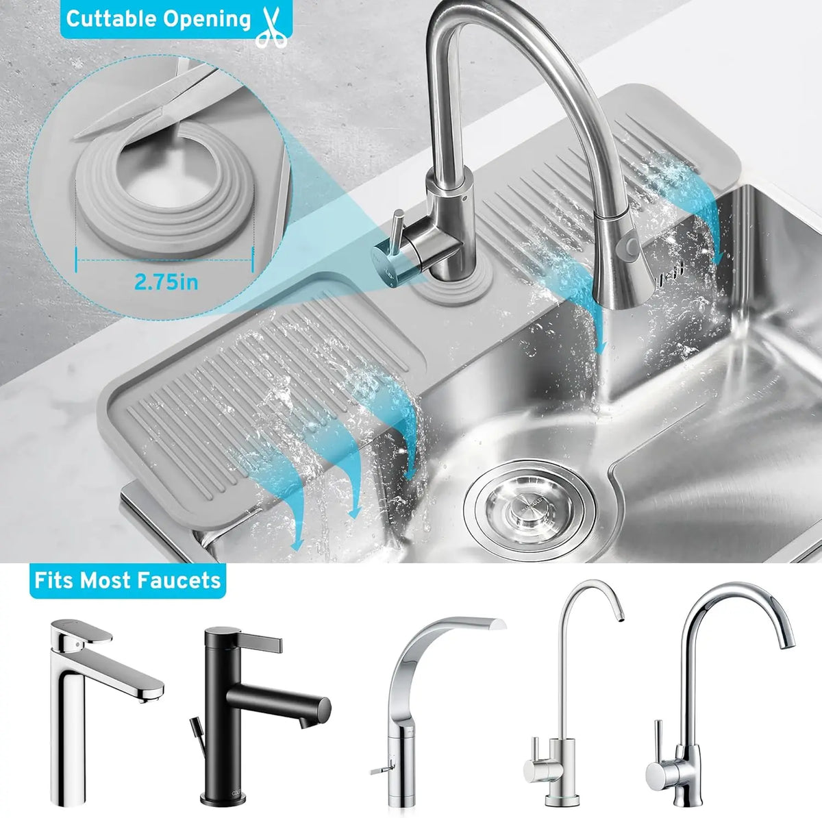 【SohoChic】24-Inch Silicone Kitchen Sink Faucet Mat - Splatter Guard, Water Splash Guard, Longer Draining Sink Protector for Faucet Area, Grey