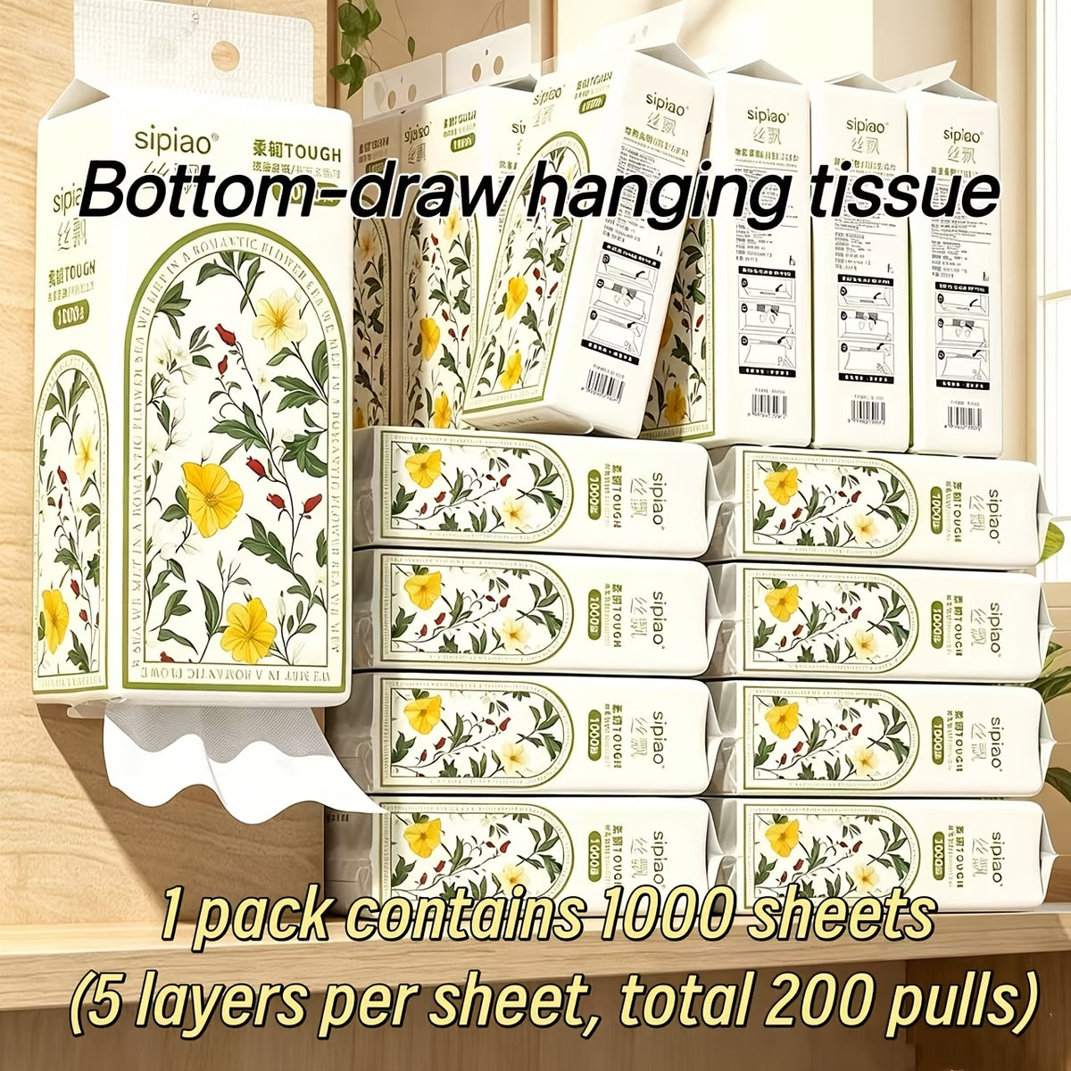 Premium Hanging Tissue Large Capacity 1000 Sheets Total (200 Draws, 5-Ply Thick) - Natural Virgin Wood Pulp, High Absorbency & Durable for Kitchen, Extra Thickness, Multipurpose, Soft Full Pack Bathroom, Home, Office, And Dorm Use, Essentials
