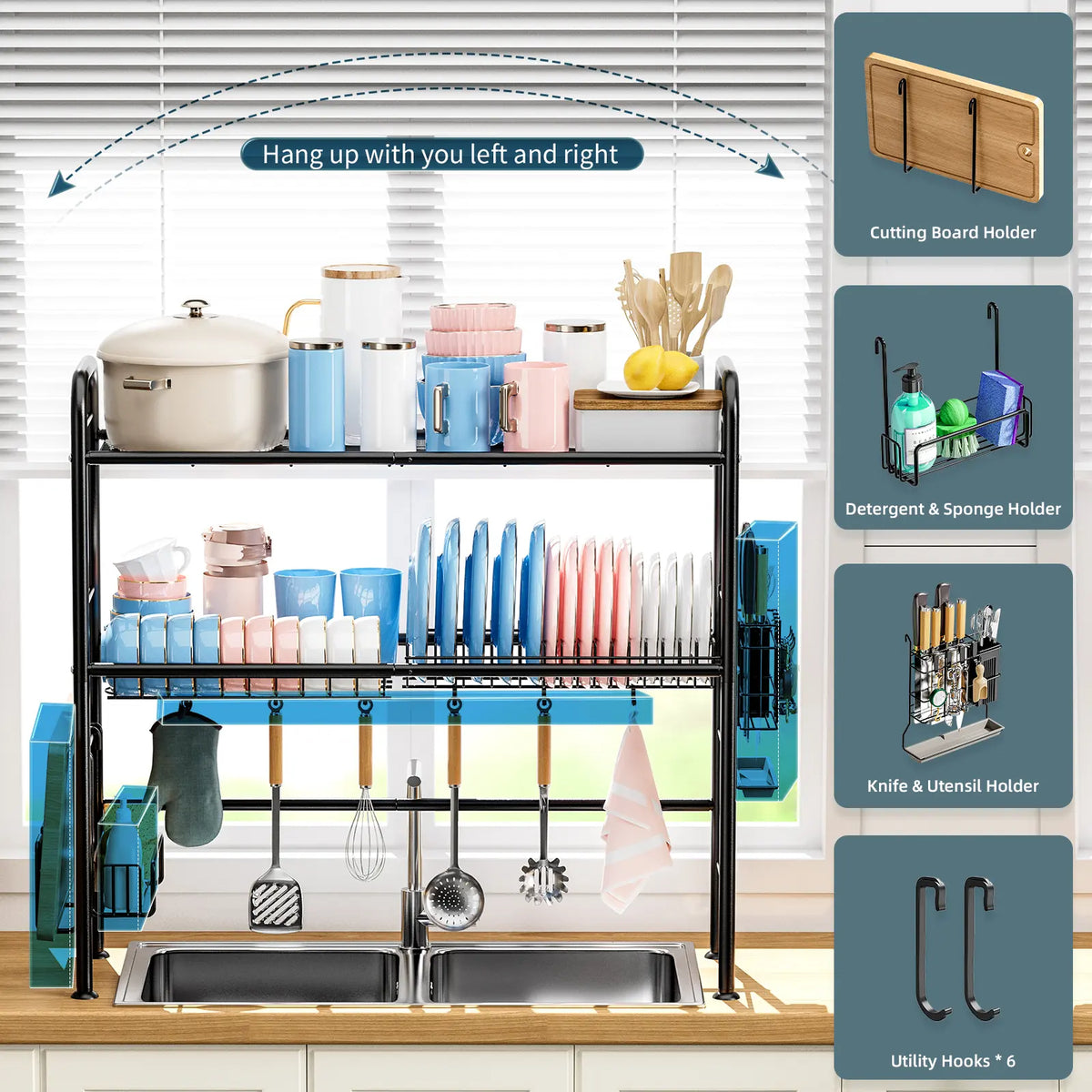 San Dream Over The Sink Dish Drying Rack Large Dishes Drainer 2-Tier Dish Drying Rack for Kitchen Dish Rack Countertop Organizer Metal Kitchen Sink Organizer Mount