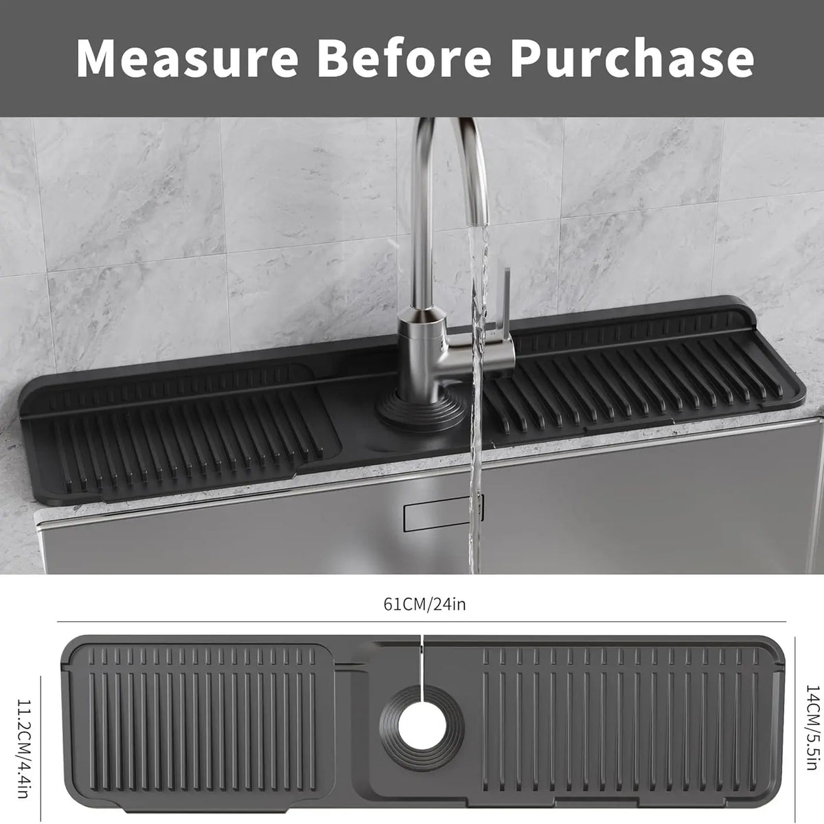 24 Inch Silicone Faucet Mat For Kitchen Sink, 5° Slope Fast Self-Draining Splash Guard, Longer Non-Slip Sink Protector, Easy Clean Kitchen Accessories, Home Organization & Countertop Protector