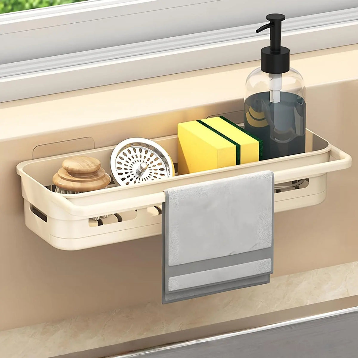 Multifunctional Sink  Sponge Holder, Kitchen Sink Organizer with Self Drain Tray, Shower  for Sponges, Brushes, Stoppers and Scrapers,Ideal  & Kitchen Decor (Black)