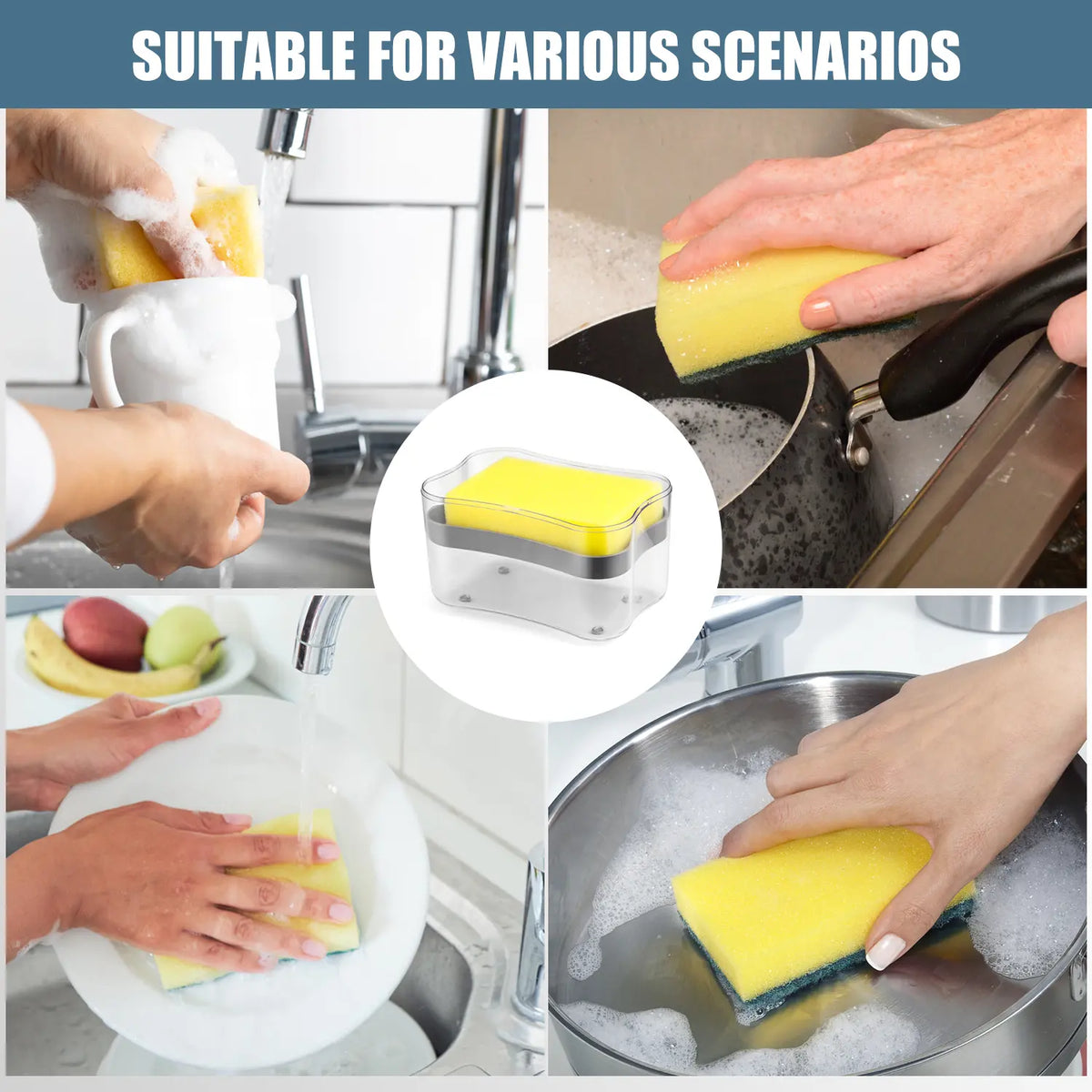 Gray Plastic 2-in-1 Soap Dispenser Pump & Sponge Holder Combo, Large Capacity Kitchen Accessories with Drip Tray & Caddy, 1-Hand Operation Liquid Soap Dispenser for Organized Countertops, Set Soap Dispensers