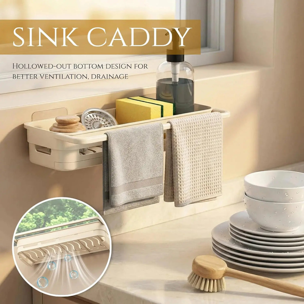 Multifunctional Sink  Sponge Holder, Kitchen Sink Organizer with Self Drain Tray, Shower  for Sponges, Brushes, Stoppers and Scrapers,Ideal  & Kitchen Decor (Black)
