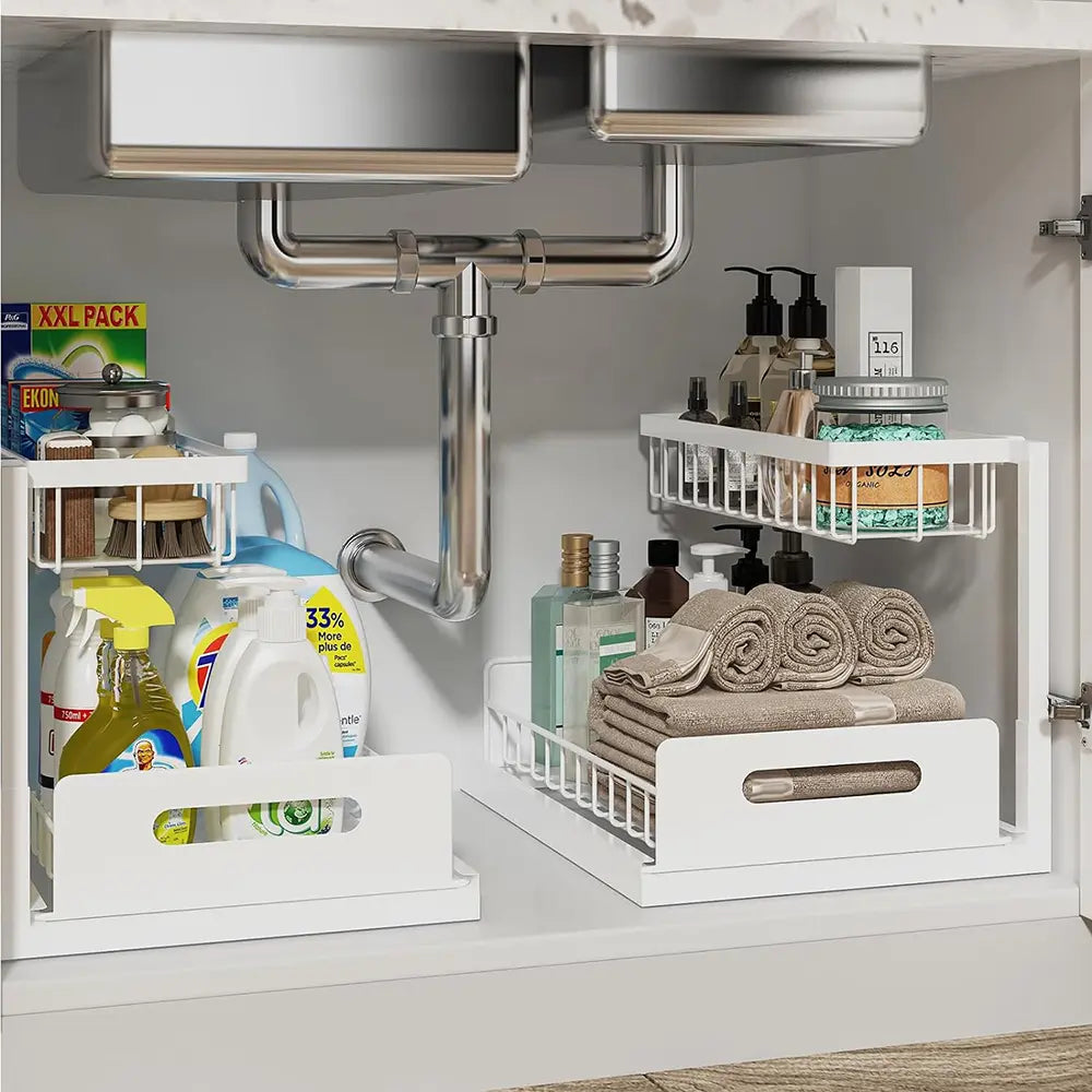 Under Sink Organizer 2 Tier Pull Out CabinetOrganizer Slide Out Sink Shelf & Cabinet Organizerfor Kitchen Bathroom Cabinet Installation OrganizingSystem