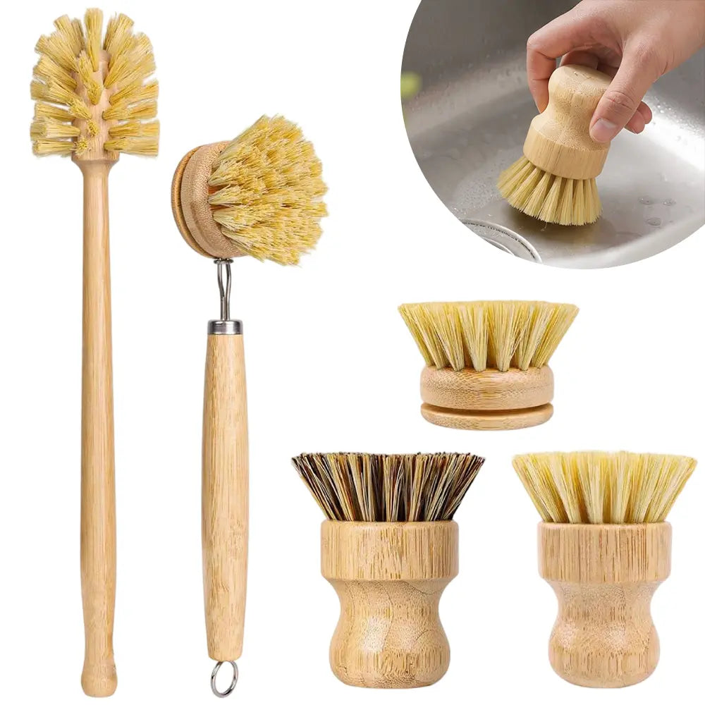 5-Pack Bamboo Dish Brush Set with Handle - Soft Bristle, Non-Toxic, Removable & Washable Cleaning Brush with Multiple Heads, Compostable Sustainable Kitchen Tool for Dishes, Pots, Glass, Comfortable,sohochic