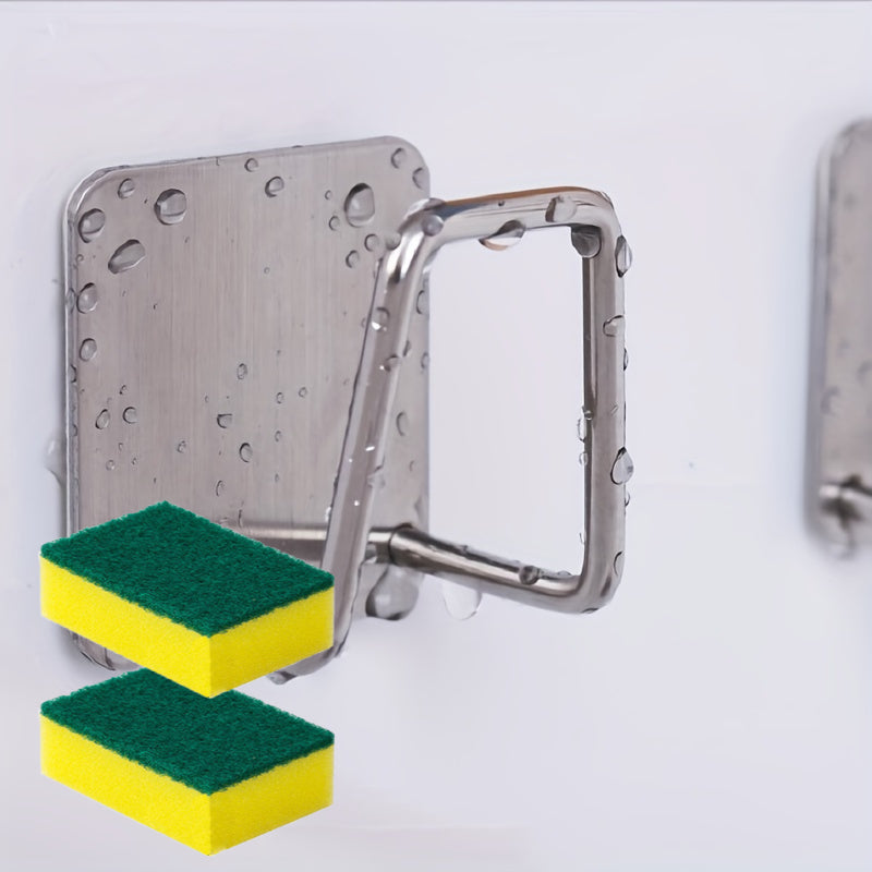 4pcs Set (2 Stainless Steel Kitchen Sink Sponge Holders + 2 Cleaning Sponges), No Drilling Required, Wall-mounted Design with Dual Hooks, Ideal for Sponges and Small Tools, Keeps Surfaces Clean, for Dish-washing Sponges