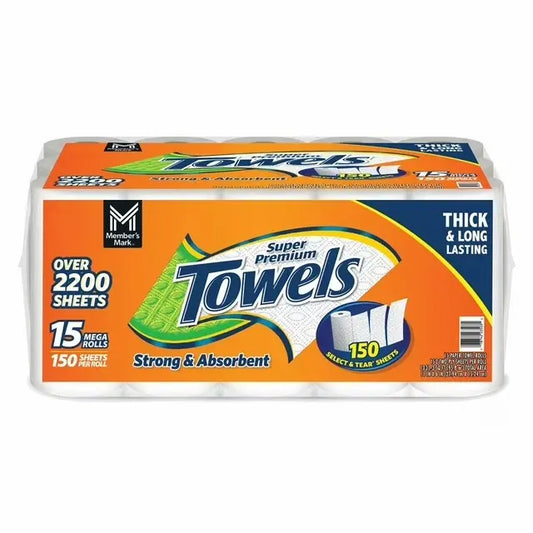 Member's Mark Select & Tear 2-Ply Unscented Kitchen Paper Towel Wipes, 15-Roll Pack, 150 Sheets per Roll, for Kitchen & Housekeeping Cleaning Supplies, Kitchen Paper Towels, Paper Towel Rolls, Ideal For Home Kitchens And Offices