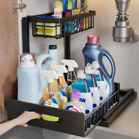Under Sink Organizer 2 Tier Pull Out CabinetOrganizer Slide Out Sink Shelf & Cabinet Organizerfor Kitchen Bathroom Cabinet Installation OrganizingSystem