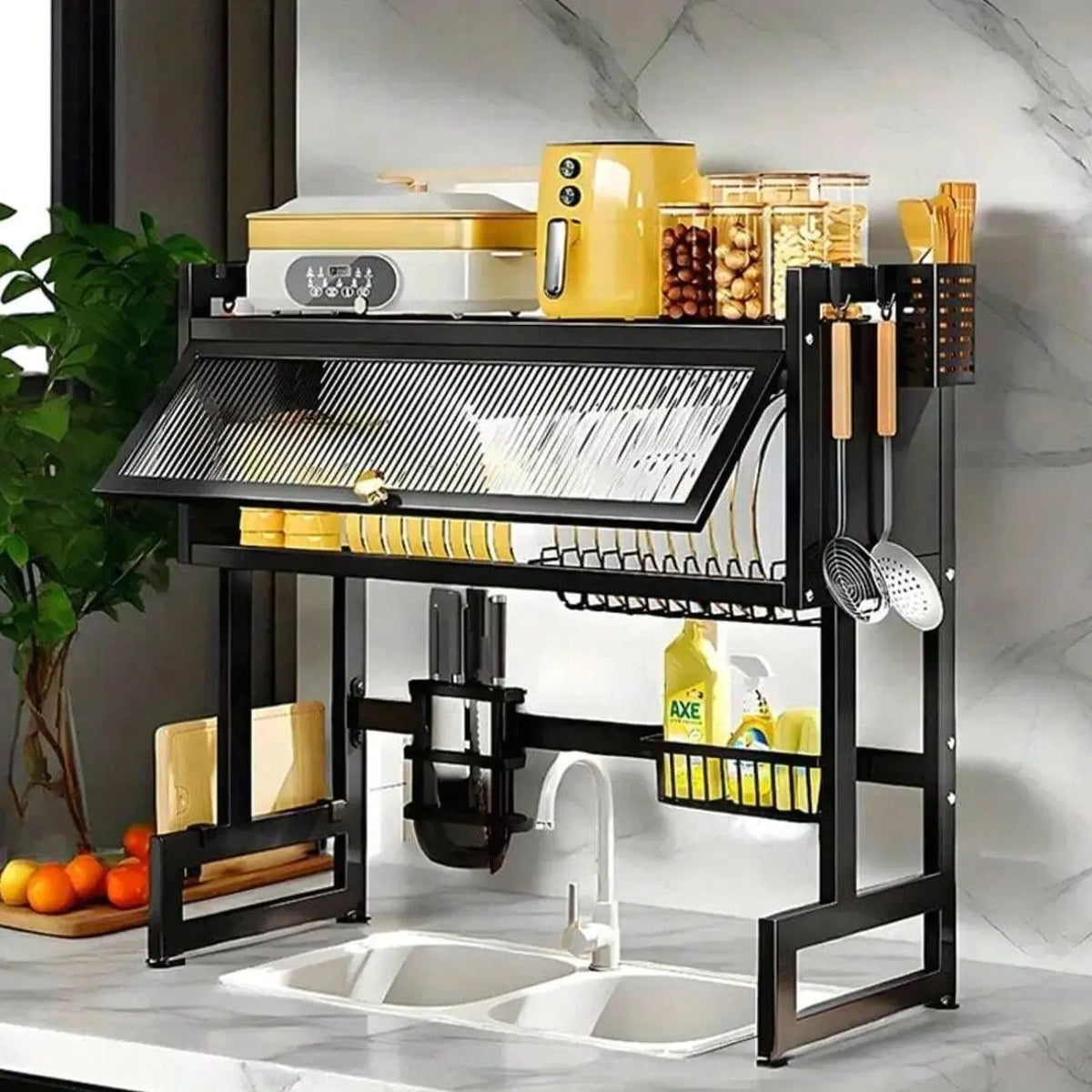 Multi-Tier Dish Drainer For Kitchen Sink And Countertop, Dust-Proof Dish Drying Rack And Cutlery Storage Organizer