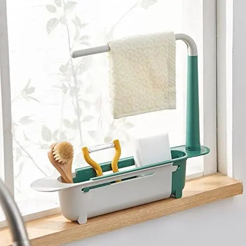 1 PCS Upgraded Telescopic Sink Organizer Rack - 2-in-1 PP Plastic Expandable Storage Tray with Buckle, Detachable Tray, Hollow Basket, Sponge Soap Holder, Cloth Hook, Easy Clean Lever, Fast Expand/Retract, Easy Installation, Tools Stay Sorted (Green)